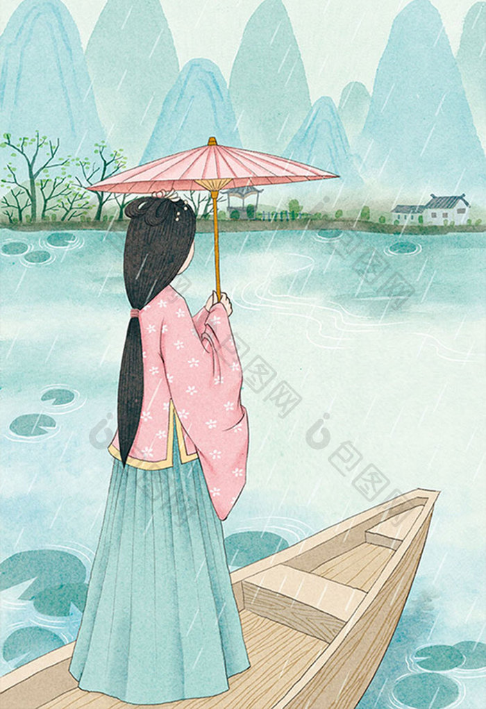 中国风春天谷雨美人插画