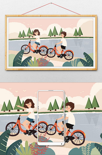 绿色春天情侣春游旅行旅游自行车手绘插画图片