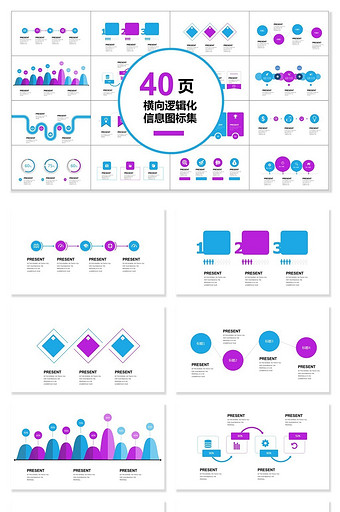 40页横向逻辑图表集PPT模板图片