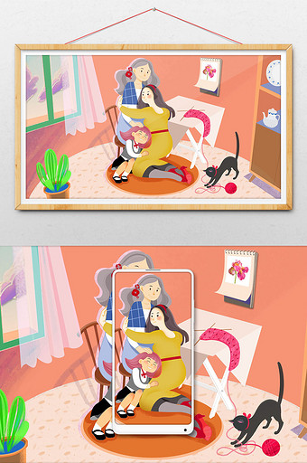 淡雅清新温馨平面女性家庭三代拥抱插画图片