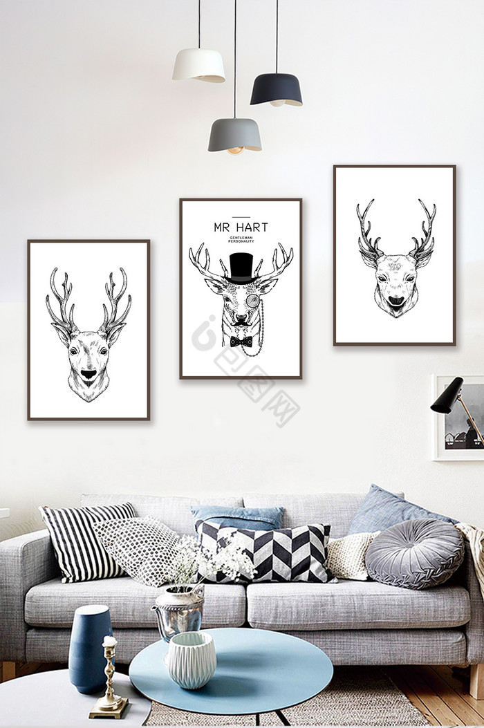 北欧黑白简约复古麋鹿无框画装饰画图片