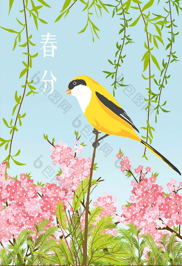 二十四节气春分小鸟柳树插画