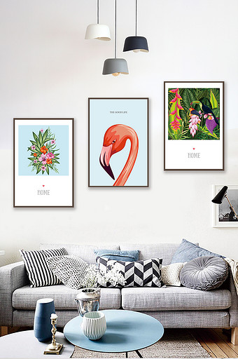 彩色火烈鸟植物北欧插画三联装饰画图片