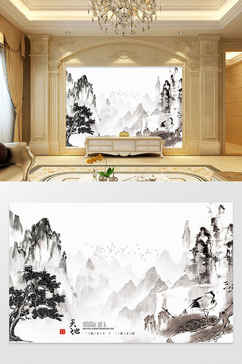 新中式水墨风格高端电视背景墙装饰墙图片
