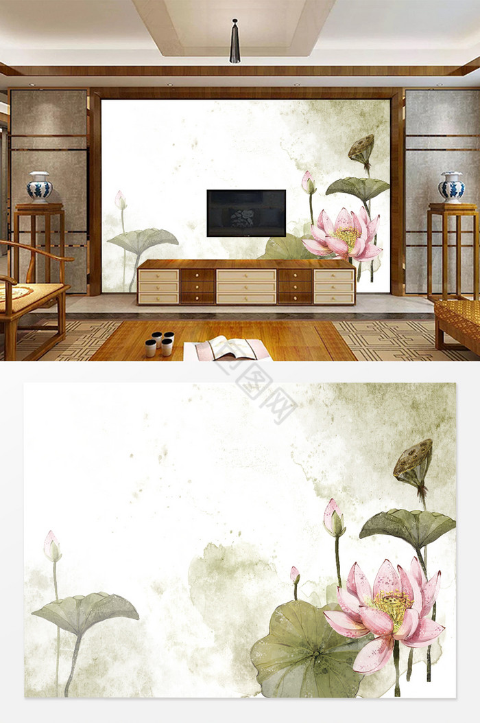中式水彩荷花电视背景墙图片