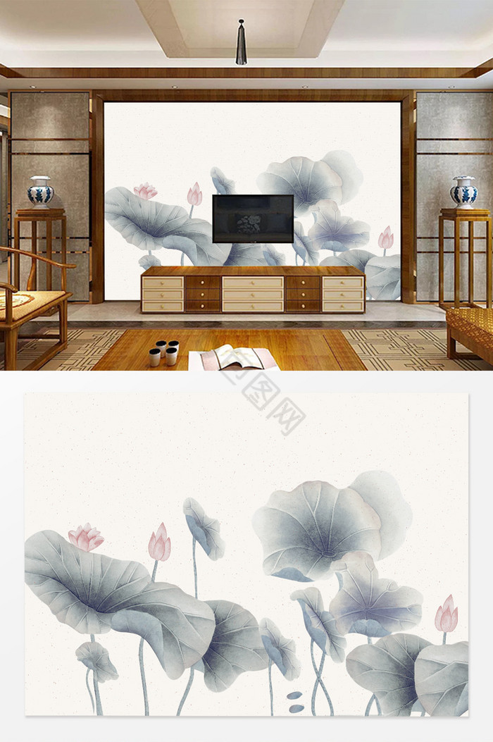 中式手绘荷花电视背景墙图片