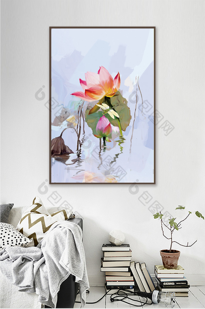 现代手绘油画荷花餐厅挂画画玄关装饰画-现代手绘油画荷花餐厅挂画画玄关装饰画效果图-【包图网】