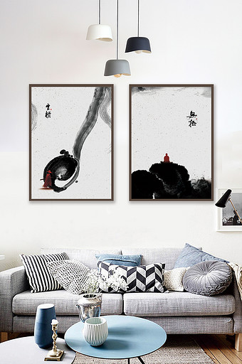 新中式水墨中国风禅意书房客厅二联装饰画图片