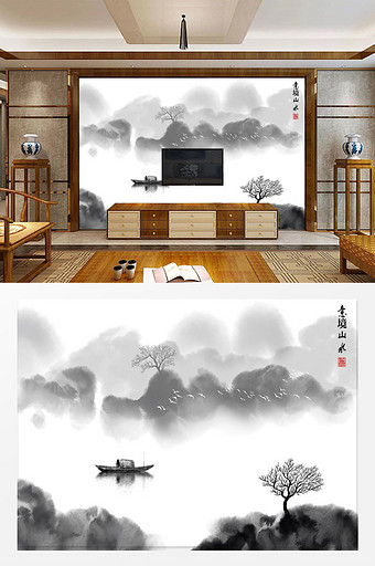 新中式水墨山水画电视背景墙图片