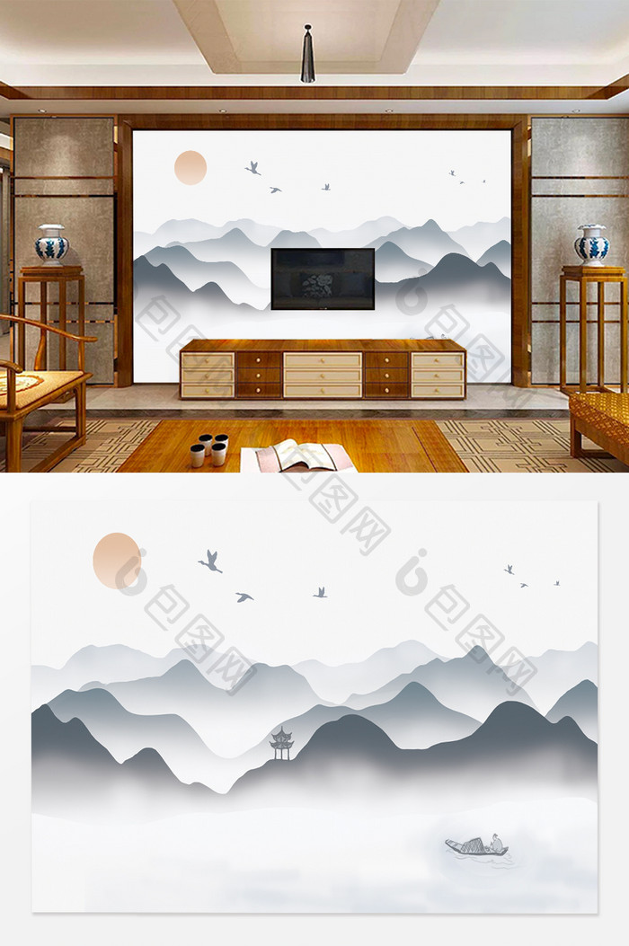 中国风中式手绘水墨山水电视背景墙