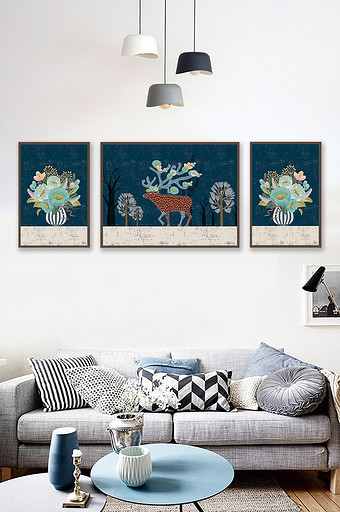北欧创意手绘花卉鹿装饰画图片