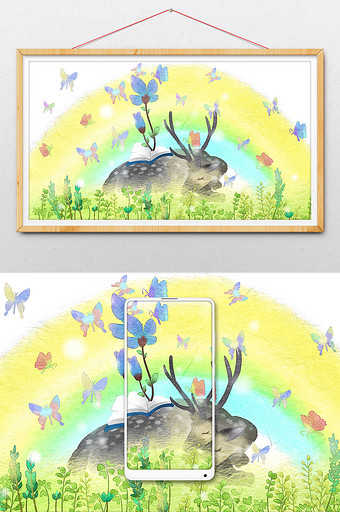 小清新鹿与书插画图片