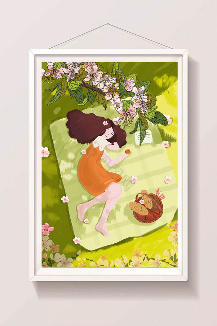 樱花季美丽的女孩躺在草地上插画图片