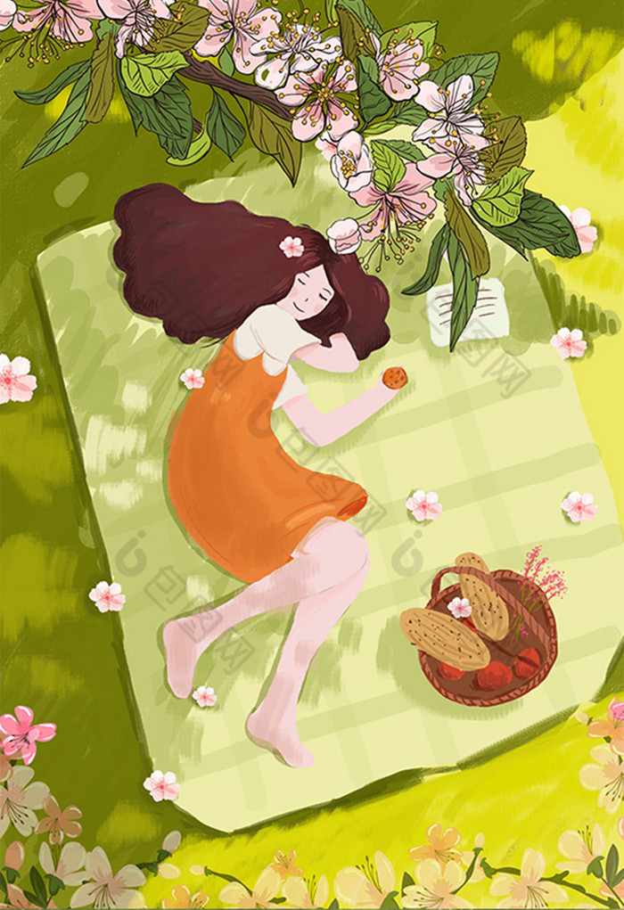 樱花季美丽的女孩躺在草地上插画图片