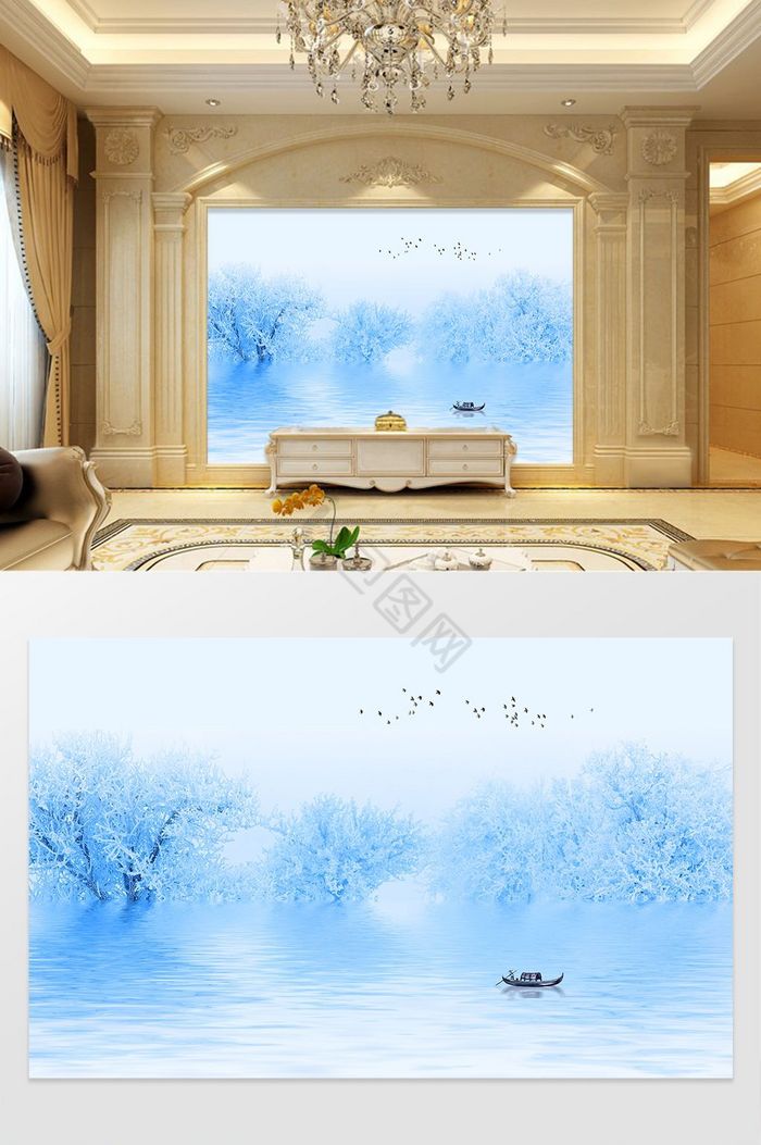 新中式意境山水飞鸟电视背景墙图片