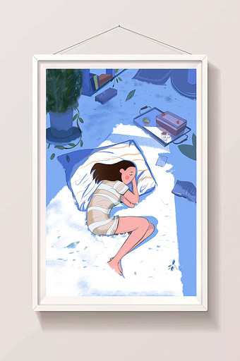 蓝白清新唯美房间女孩睡觉插画图片