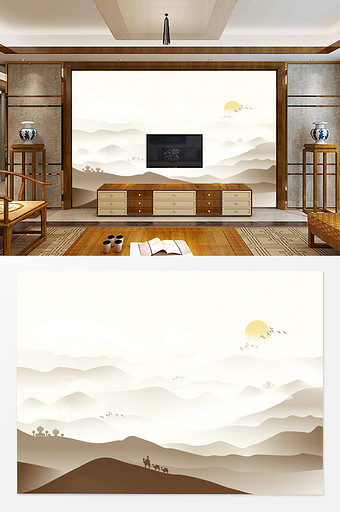 中国风中式山水沙漠风景电视背景墙图片