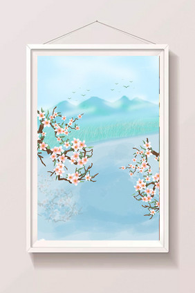 桃花池塘远山竖版插画背景