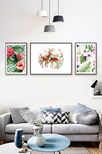 水彩鲜花麋鹿三联室内装饰图图片