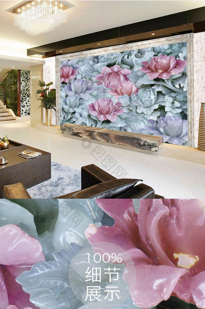 3d浮雕荷花池立体电视背景