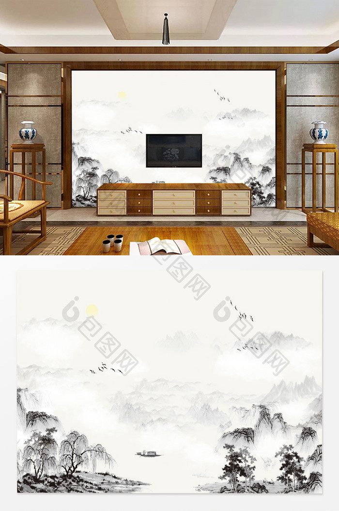 中式中国风手绘水墨山水电视背景墙