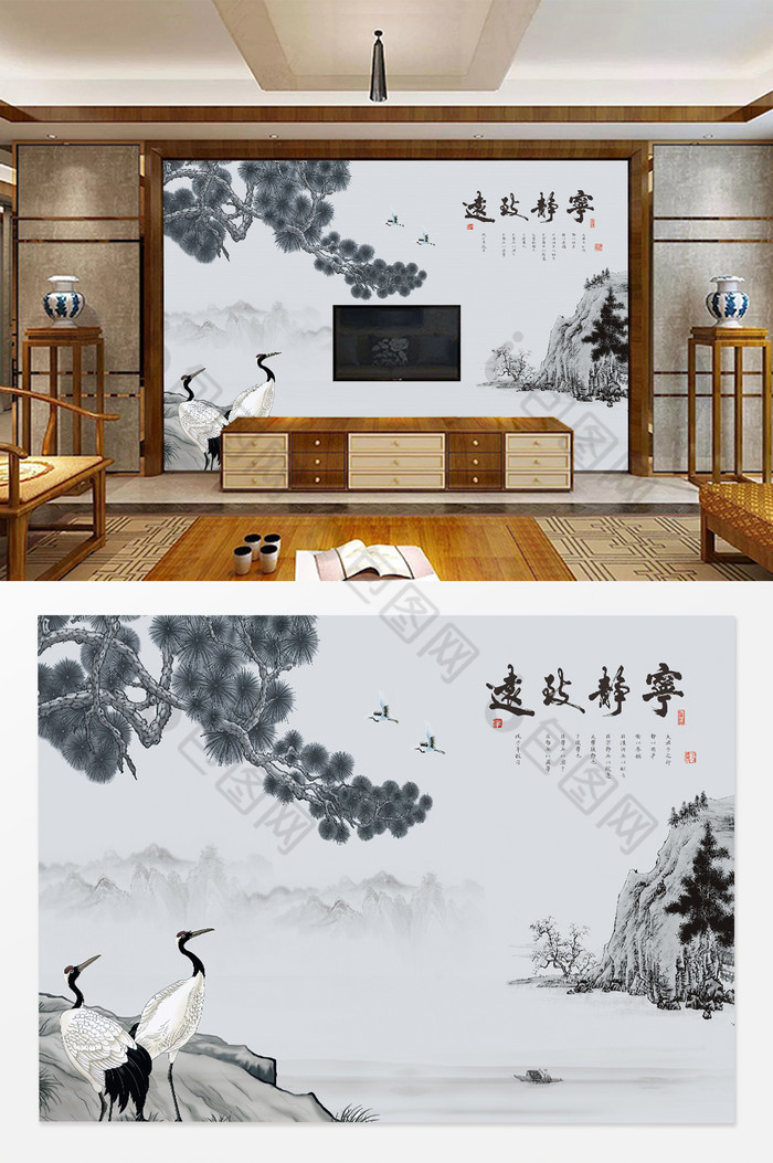 中式水墨青松电视背景墙图片图片