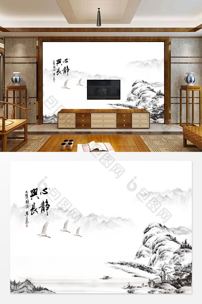 中式水墨风格电视背景墙图片图片