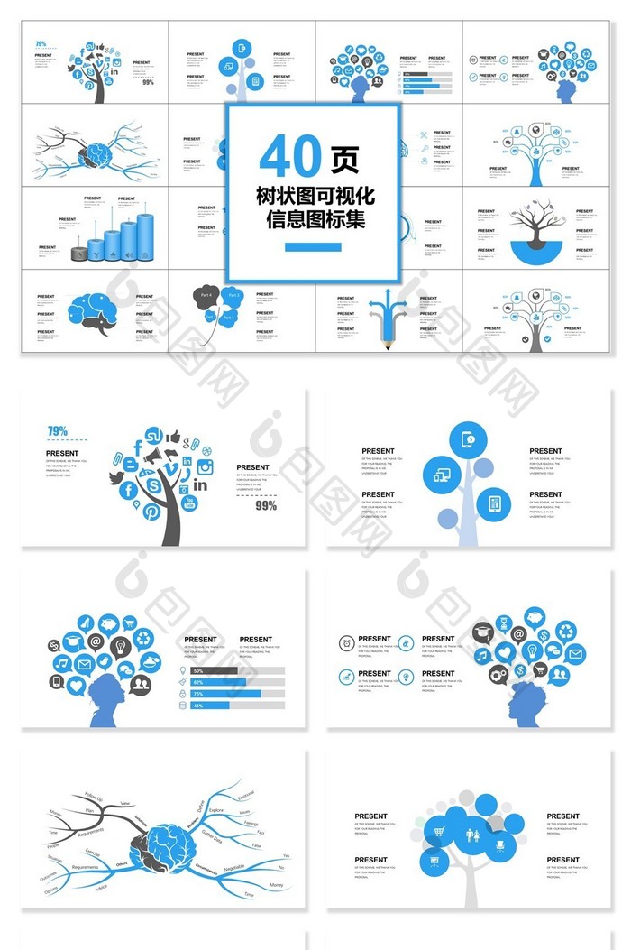 40页树状图可视化图表集PPT模板