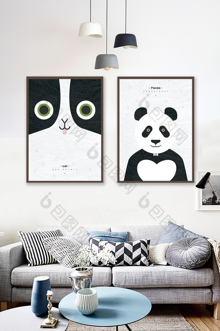 创意时尚简约北欧熊猫动物卧室书房装饰画