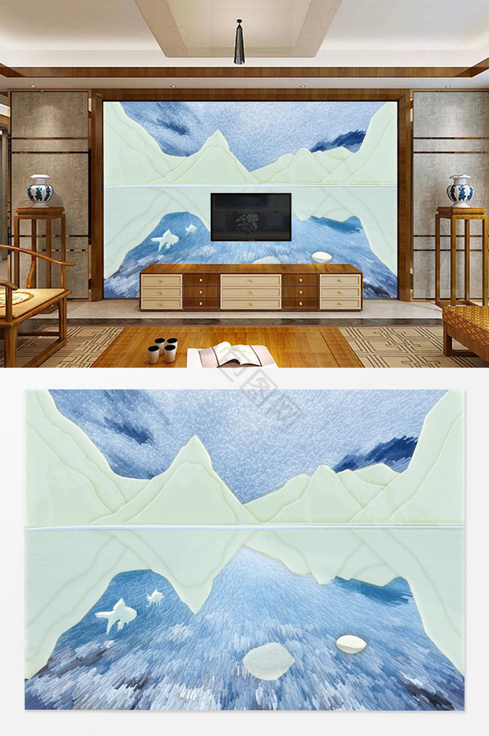 现代客厅山水立体玉石大理石画沙发背景墙图片