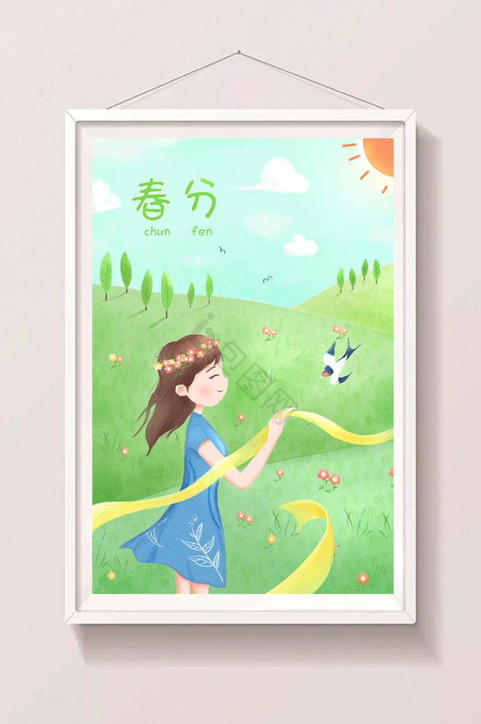 春分愉快女孩小鸟大自然绿植阳光花圈插画图片