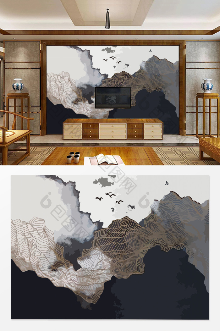 新中式禅意意境抽象水墨山水背景墙效果图-【包图网】