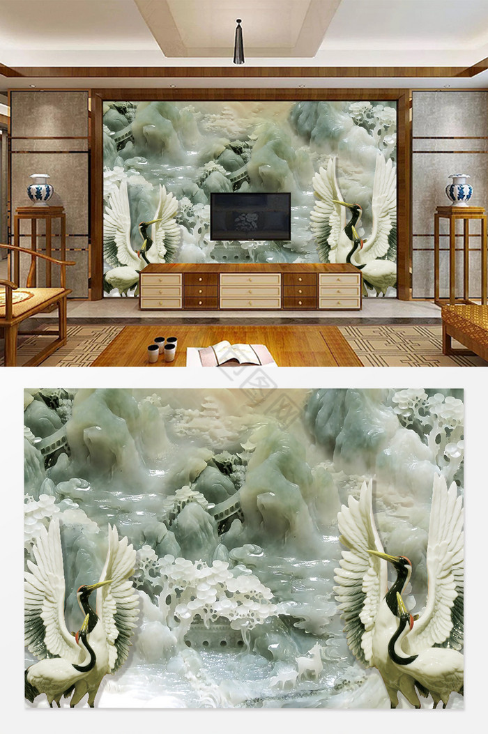 3D立体玉石家和富贵玉石山水仙鹤背景墙图片