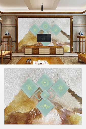 现代欧式油画肌理方形玉石3D电视背景墙图片