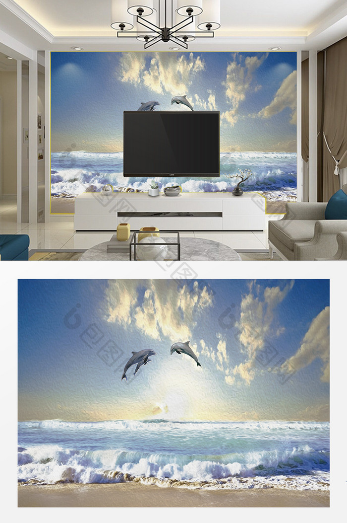 现代简约油画肌理海景海豚电视客厅背景墙