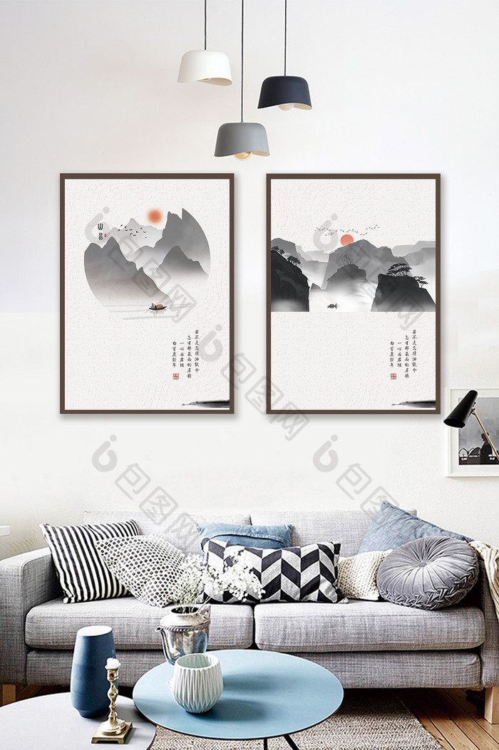 中国风装饰画手绘山水图片