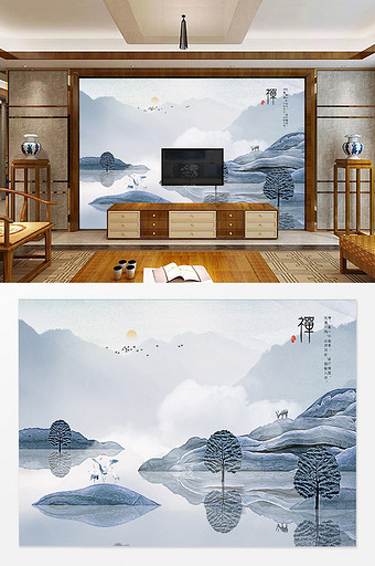 新中式禅意手绘山水电视背景墙图片