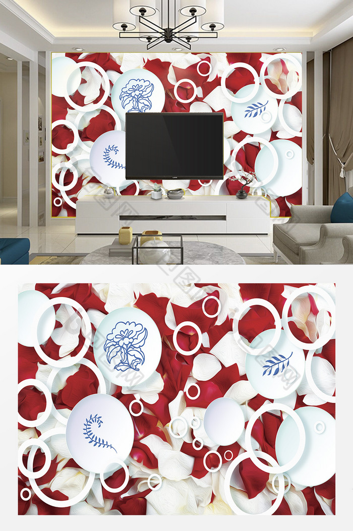 现代浪漫玫瑰花瓣玉瓷圆盘圆构成3D背景墙图片图片