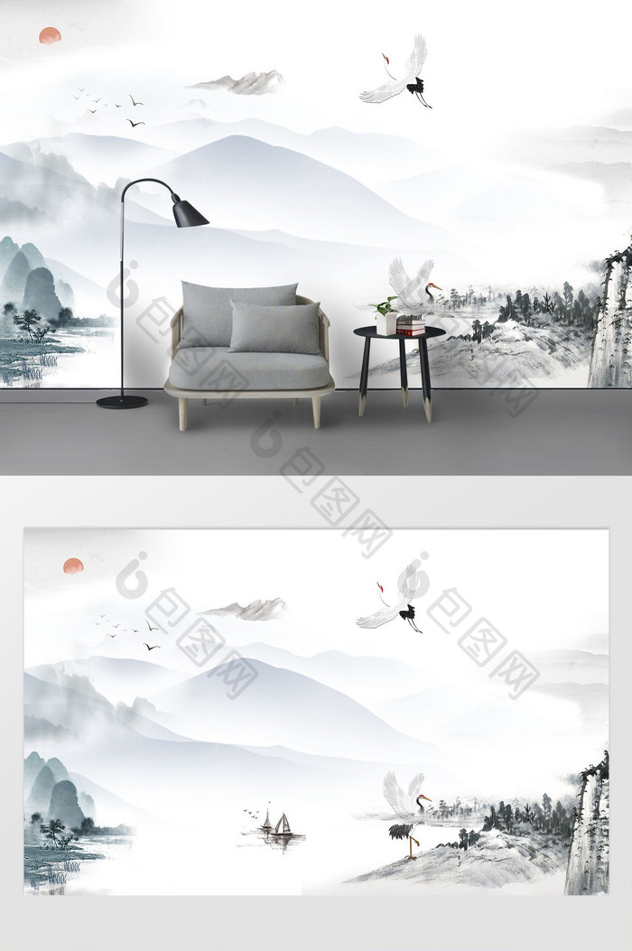 新中式水墨风格大气山水电视背景墙装饰画