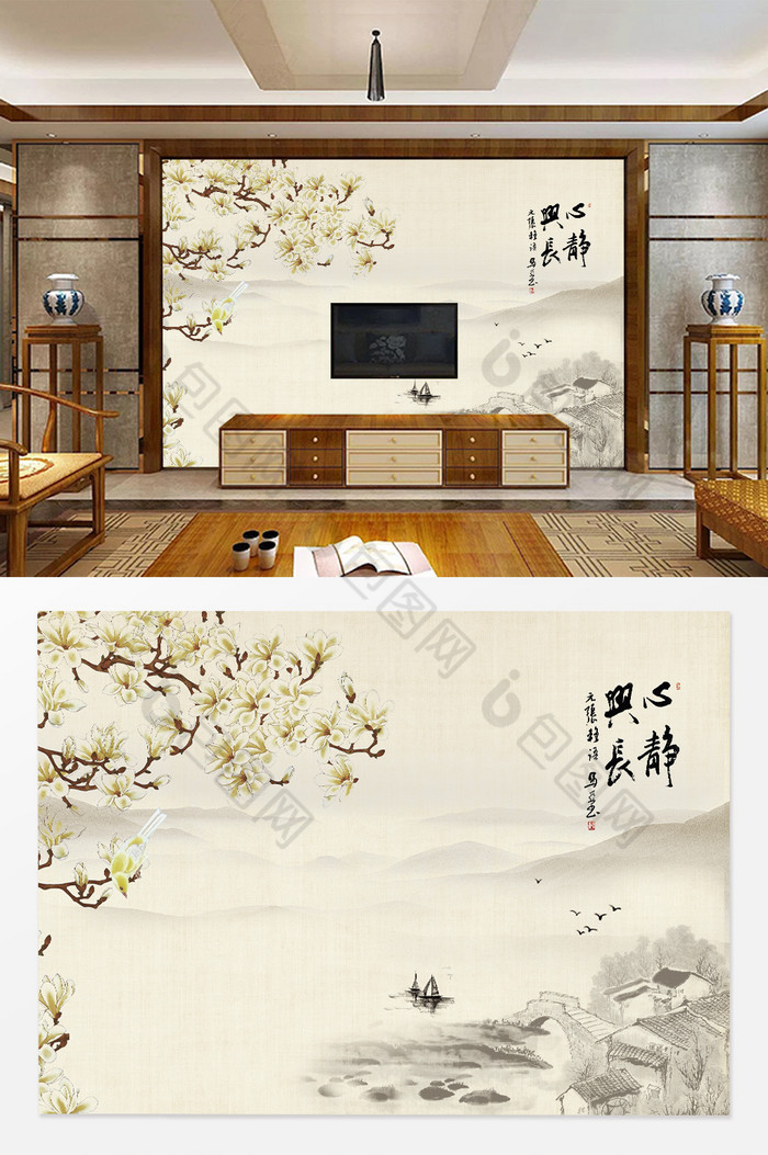 中式水墨山水玉兰花背景墙图片图片