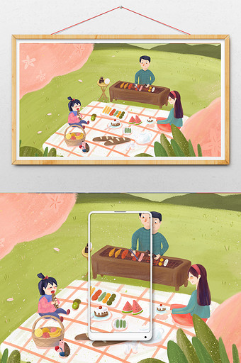 小清新春天郊游野餐插画图片