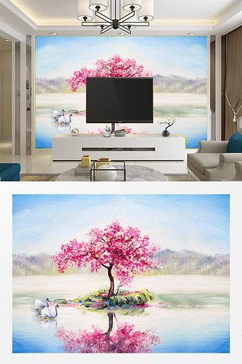 油画风格山水风景电视背景墙图片