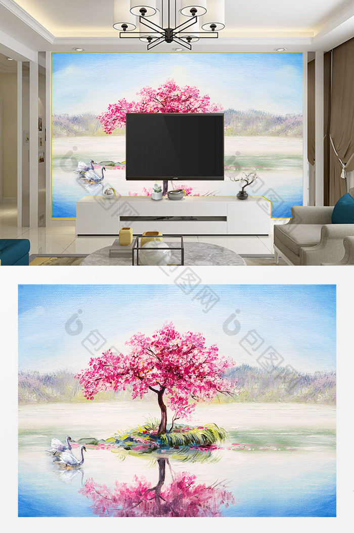 油画风格山水风景电视背景墙