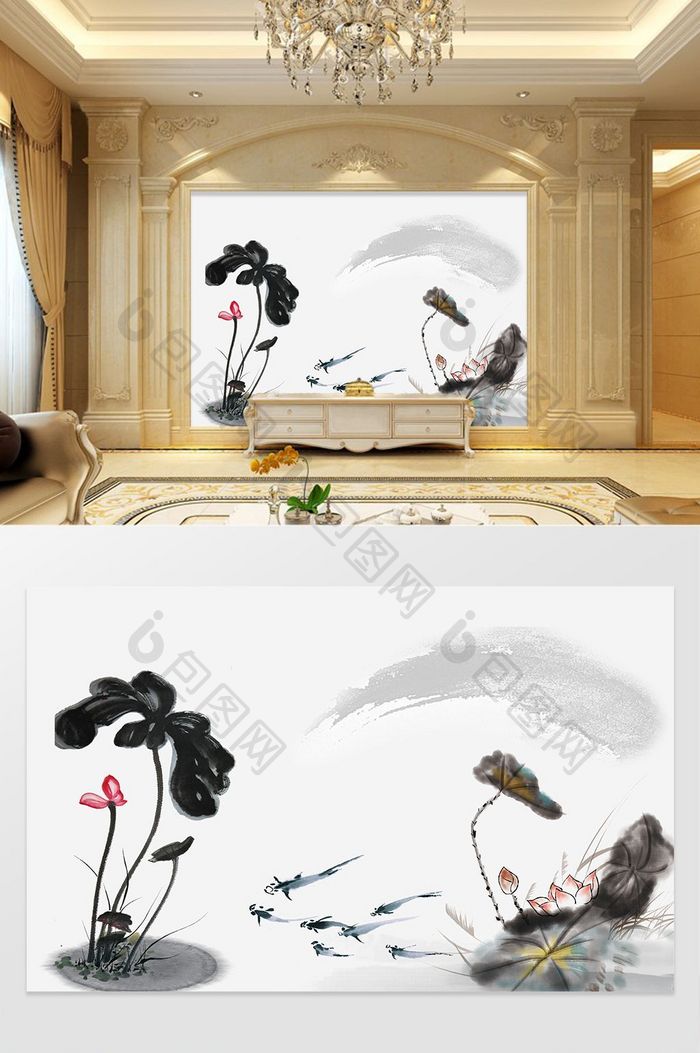 中国风手绘水墨荷花锦鲤电视背景墙