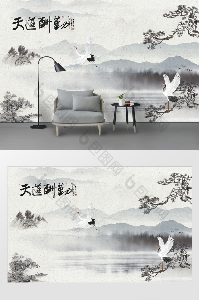 中式水墨青松仙鹤电视背景墙图片图片