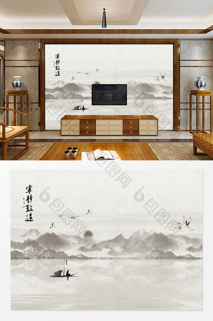 中式水墨山河背景墙图片图片