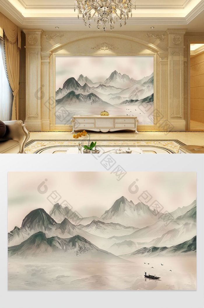 中国风中式水墨山水大理石电视背景墙