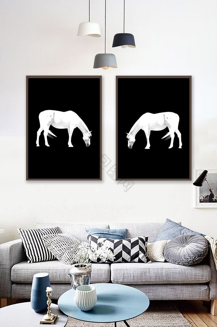 现代简约清新动物白马客厅书房装饰画图片