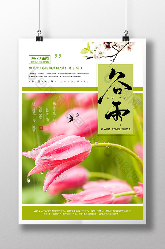 小清新谷雨传统二十四节气春天背景海报