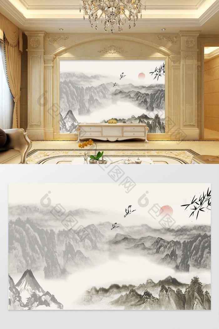 水墨画风格中国山水电视背景墙